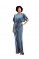 Flutter Sleeve Open Back Velvet Evening Dress / Maxi Dress with Pockets & Draped Wrap Skirt