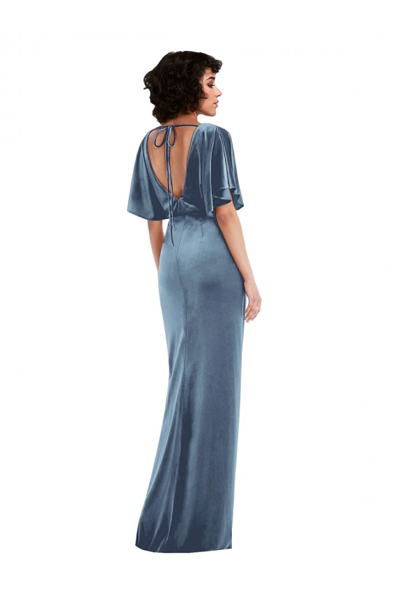 Flutter Sleeve Open Back Velvet Evening Dress / Maxi Dress with Pockets & Draped Wrap Skirt