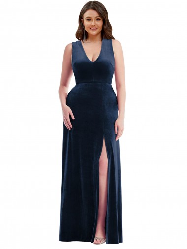 Deep V-Neck Sleeveless Velvet Formal Evening Dress / Bridesmaid Maxi Dress with Pockets