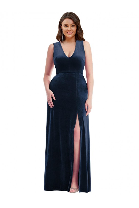 Deep V-Neck Sleeveless Velvet Formal Evening Dress / Bridesmaid Maxi Dress with Pockets