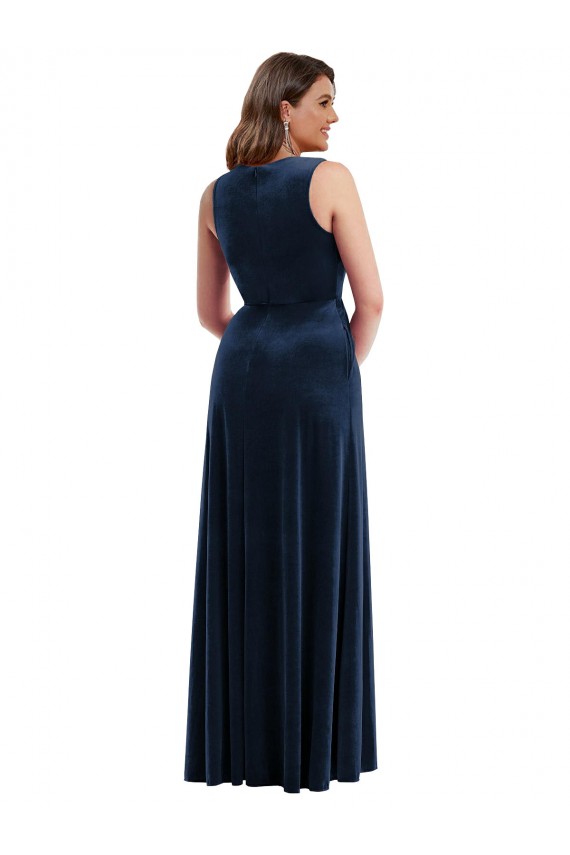 Deep V-Neck Sleeveless Velvet Formal Evening Dress / Bridesmaid Maxi Dress with Pockets
